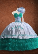 Elegant Embroidered and Patterned Organza and Taffeta Custom Make Quinceanera Dress in Turquoise and White