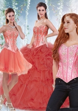 Popular Beaded Bodice and Ruffled Detachable Quinceanera Gowns in Coral Red