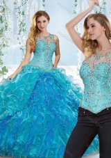 Elegant See Through Beaded and Ruffled Detachable Quinceanera Gowns in Blue