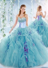 Exquisite Beaded Bust and Ruffled Detachable Quinceanera Gowns  in Aqua Blue