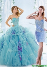 Low Price Aque Blue Detachable Sweet Fifteen Dresses  with Beading and Ruffles