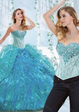 Popular Big Puffy Blue Detachable Sweet Fifteen Dress with Ruffles and Beading
