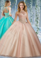 Fashionable Halter Top Champagne Sweet Sixteen Dress with Appliques and Beading