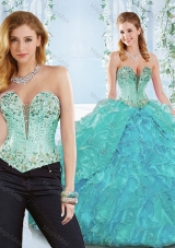 Beaded and Ruffled Organza  Sweet Sixteen Dresses  with Deep V Neckline