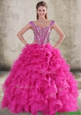Perfect Ruffled and Beaded Bodice Straps Hot Pink Unique Quinceanera Dress