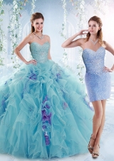 Cheap Beaded Bodice and Ruffled Detachable Sweet 16 Dresses in Aquamarine