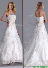 Popular Princess Strapless Applique and Belted Wedding Dresses with Brush Train