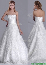 New Style A Line Brush Train Ruched Wedding Gown with Rolling Flowers