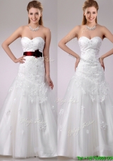 New Style A Line Brush Train Beaded and Applique Wedding Dress with Sash