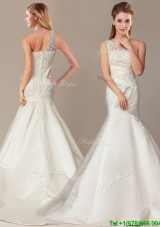 Beaded Decorate Shoulder Mermaid Wedding Dresses with Court Train