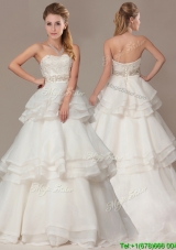 New Style A-line Brush Train Wedding Dresses with Beading and Ruffles Layers