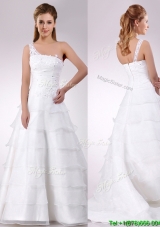 Top Selling One Shoulder Beaded and Ruffled Layered Zipper Up Wedding Dress with Brush