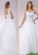2016 Classical Straps Beaded Tulle Wedding Dress with Court Train