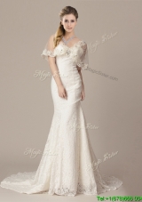 Perfect Mermaid V Neck Court Train Short Sleeves Wedding Dresses with Lace and Appliques