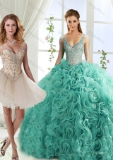 Gorgeous Rolling Flowers Deep V Neck Detachable Quinceanera Gowns  with Cap Sleeves