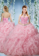 Lovely Baby Pink Brush Train Sweet Sixteen Dresses Beaded and Ruffled
