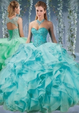 Classical Beaded and Applique Big Puffy Sweet 15 Dress in Aqua Blue