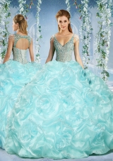 Unique Cap Sleeves Beaded Light Blue Quinceanera Dress with Deep V Neck