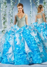 Unique Blue and White Quinceanera Dress in Beaded Decorated Cap Sleeves