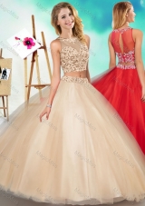 Two Piece See Through Scoop Unique Quinceanera Dress with Beading and Appliques