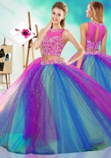 Rainbow Colored Big Puffy Unique Quinceanera Dress with See Through