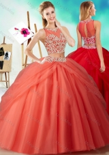 Two Piece See Through Beaded Sweet Fifteen Dresses  in Orange Red