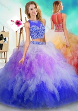 Fashionable See Through Beaded and Ruffled Unique Quinceanera Dress in Rainbow Colored