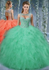 Exquisite Beaded and Ruffled Big Puffy Vestidos de Quinceanera Gown in Turquoise