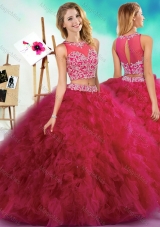 Classical Beaded and Ruffled Fuchsia Vestidos de Quinceanera  with See Through