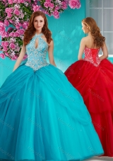 Modest Halter Top Brush Train Quinceanera Dress with Beading and Appliques