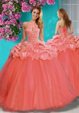 Lovely Beaded and Ruffled Big Puffy Quinceanera Dress with Halter Top