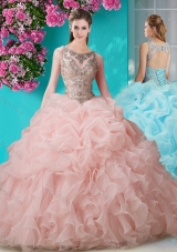 Brush Train Scoop Peach Quinceanera Dress with Beading and Ruffles