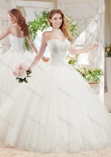 White Ball Gown Sweetheart Court Train Beaded Quinceanera Dress in Tulle