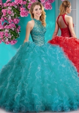 Cheap Halter Top Beaded and Ruffled Sweet 16 Dress with Puffy Skirt