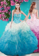 Beautiful Beaded Bust White and Blue Quinceanera Dress in Organza