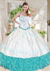 Exclusive Ruffled and Beaded Asymmetrical Sweet Fifteen Dresses with White and Aqua Blue