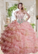 Fashionable Visible Boning Beaded Pink Sweet Fifteen Dress in Organza