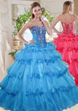 Elegant Puffy Skirt Beaded and Ruffled Layers Sweet Fifteen Gown