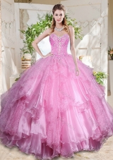 Popular Rose Pink Really Puffy Sweet Sixteen Dress with Beading and Ruffles Layers