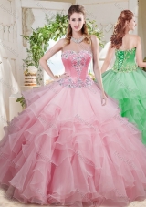 Wonderful Beaded and Ruffled Layer Big Puffy Sweet 16 Dress in Baby Pink