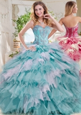 Popular Beaded and Ruffled Big Puffy Sweet 16 Dress in Blue and White