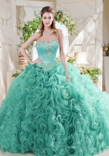 Unique Rolling Flower Big Puffy Mint Quinceanera Gown with Beading