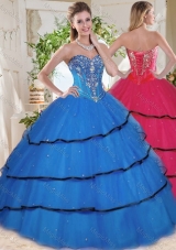 Unique Beaded and Ruffled Layers Blue Quinceanera Gown in Organza