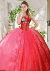 Unique Puffy Skirt Beaded and Applique Quinceanera Dress in Coral Red