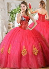 Romantic Beaded and Gold Applique Really Puffy Vestidos de Quinceanera Dress in Red