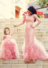 Exclusive Column Long Sleeves Sexy Prom Dress with Brush Train and Affordable Ruffled and Laced Little Girl Dress in Watermelon Red