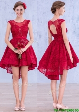 See Through Scoop High Low Wine Red Bridesmaid Dress with Lace