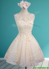 See Through Scoop Short Bridesmaid Dress with Beading and Appliques