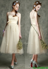 See Through Scoop Champagne Prom Dress with Hand Made Flowers and Appliques