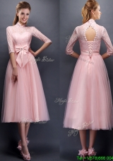 Luxurious Laced High Neck Half Sleeves Prom Dress with Bowknot